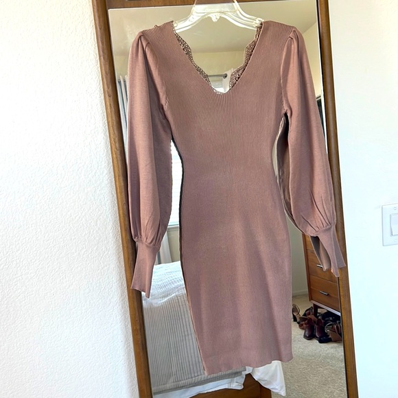 Taupe Sweater Dress with Back Embroidery - Picture 1 of 3